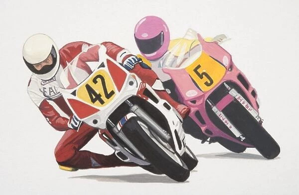 Two racers wearing helmets and knee sliders leaning sideways while riding motorbikes, front view