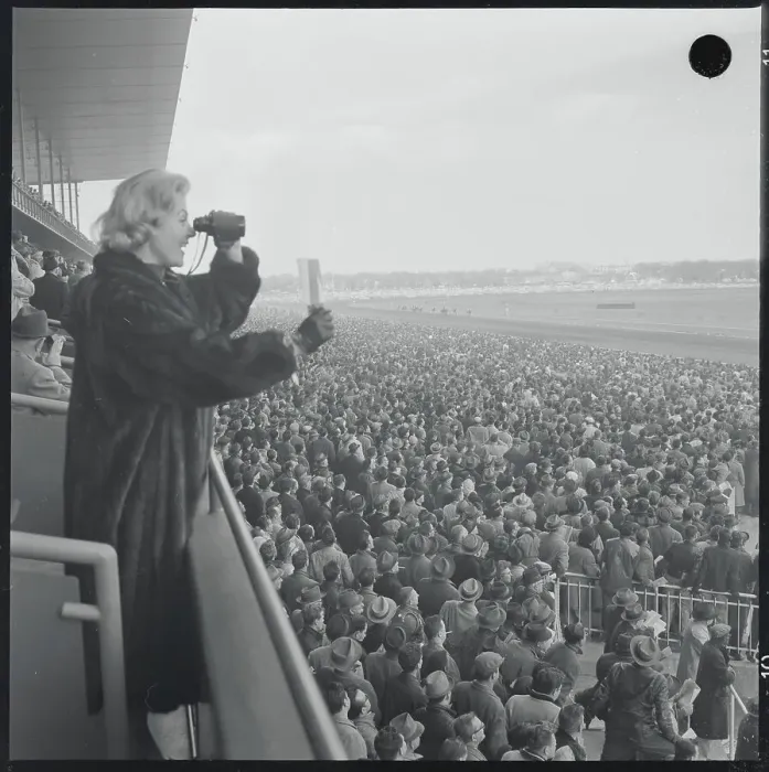 Framed Print : Racing Fan with Binoculars Gazing at Horse Racing Action Framed Print : Racing Fan with Binoculars Gazing at Horse Racing Action