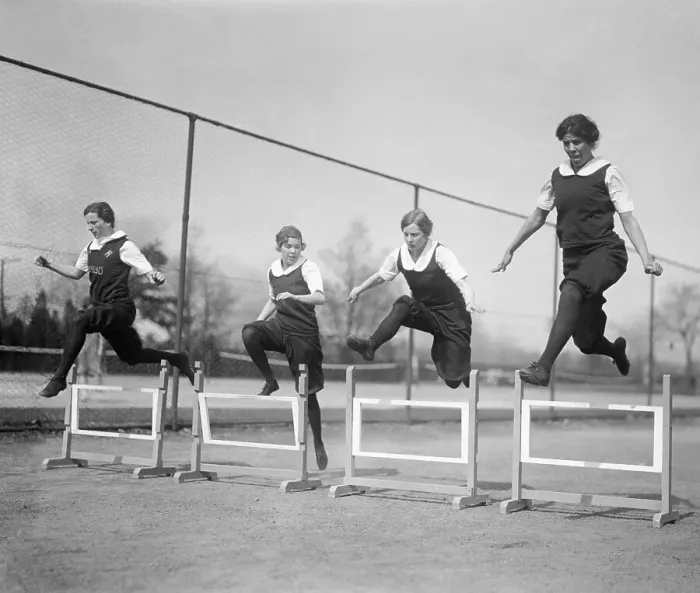 Framed Print : Radcliffe College Students Jumping Hurdles Framed Print : Radcliffe College Students Jumping Hurdles
