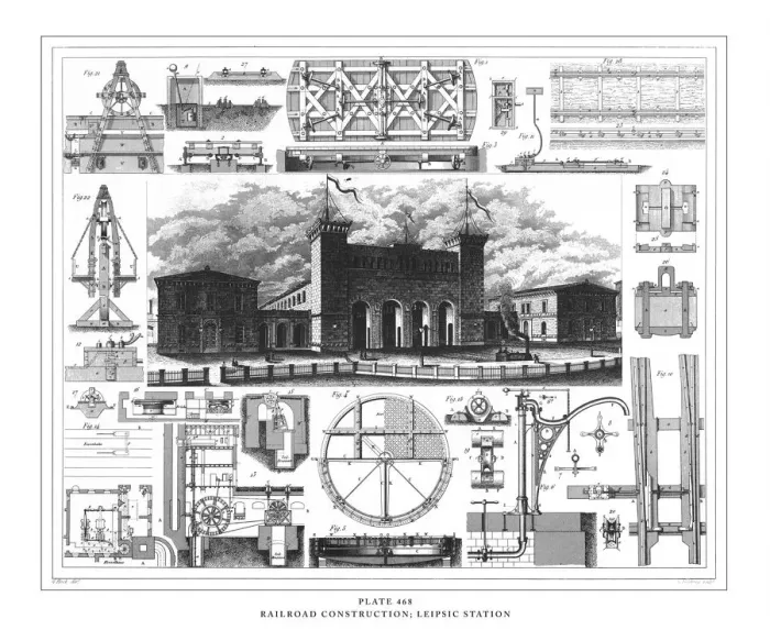 Framed Print : Railroad Construction; Leipsic Station Engraving Antique Illustration, Published 1851 Framed Print : Railroad Construction; Leipsic Station Engraving Antique Illustration, Published 1851