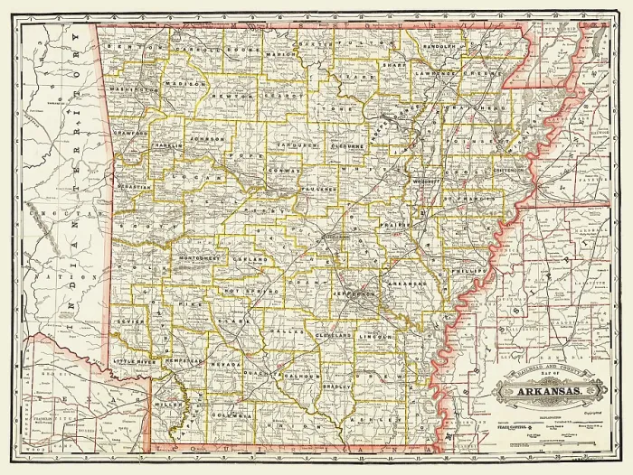 Framed Print : Railroad and county map of Arkansas Framed Print : Railroad and county map of Arkansas