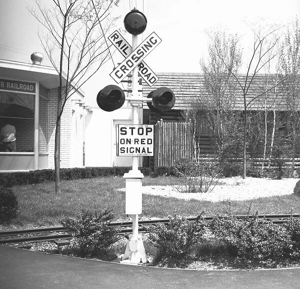 Railroad crossing stop sign and warning light, (B&W)
