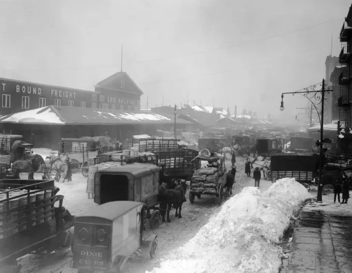 Framed Print : Railroad Snow; Horsedrawn carts crowd the intersection of West and Chambers Streets
