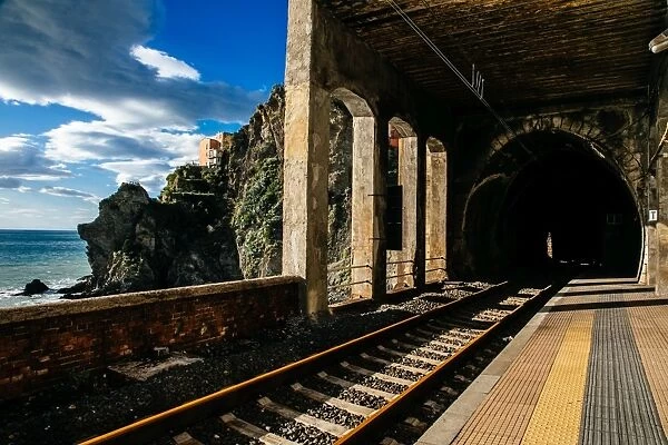 Railroad station platform of Riomaggiore village in Cinque Terre National Park, Liguria, Italy