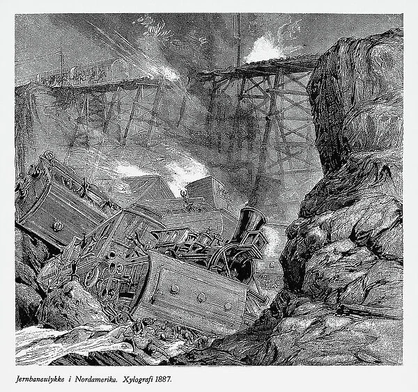 Railway Accident and Derailing in North America Engraving, 1887