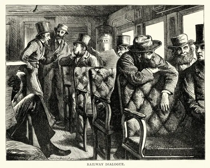 Framed Print : Railway passengers talking to each other, USA, 19th Century Framed Print : Railway passengers talking to each other, USA, 19th Century