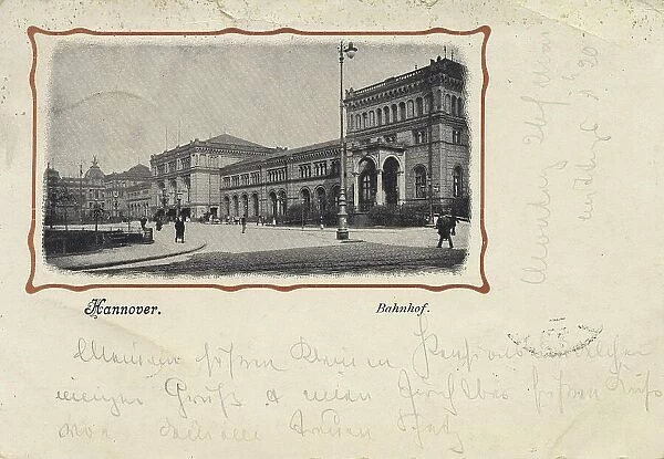 Railway station, Hannover, Lower Saxony, Germany, postcard with text, view around ca 1910, historical, digital reproduction of a historical postcard, public domain, from that time, exact date unknown