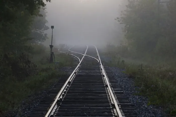 Framed Print : Railway tracks in early morning mist, Foster, Quebec, Canada Framed Print : Railway tracks in early morning mist, Foster, Quebec, Canada