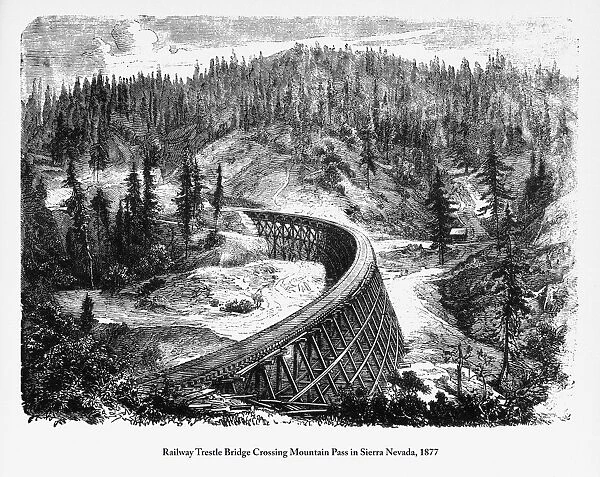Railway Trestle Bridge Crossing Mountain Pass in Sierra Nevada, 1877