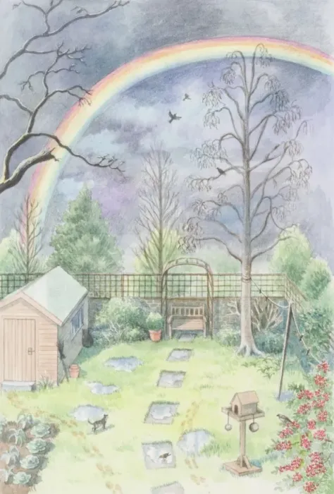 Framed Print : Rainbow arching over domestic garden, against cloudy sky Framed Print : Rainbow arching over domestic garden, against cloudy sky