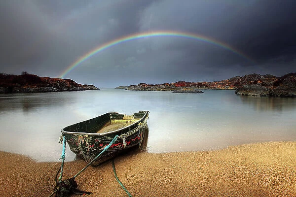 Rainbow and boat, Ardtoe, West Scotland