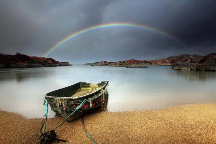 Framed Print : Rainbow and boat, Ardtoe, West Scotland Framed Print : Rainbow and boat, Ardtoe, West Scotland