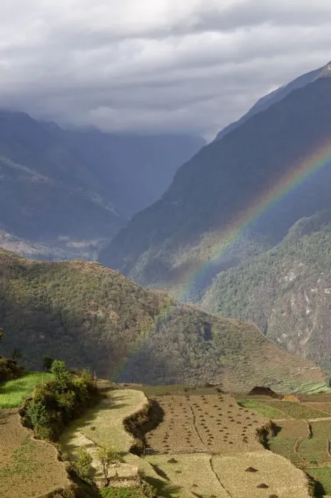 Framed Print : Rainbow over rural mountain valley Framed Print : Rainbow over rural mountain valley