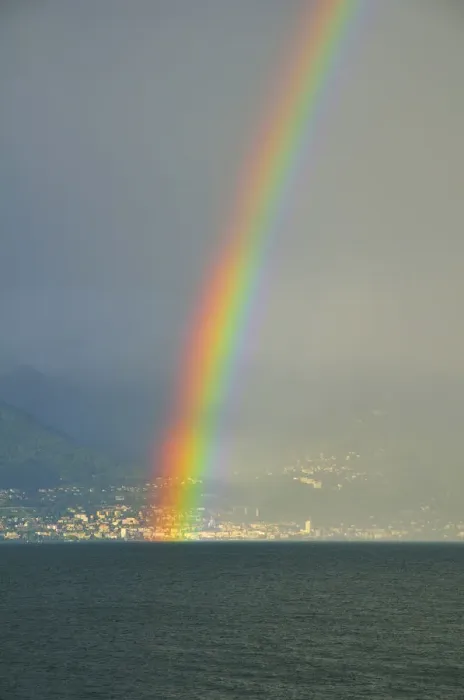 Framed Print : Rainbow on the shore at Lausanne, Switzerland, from France, Lake Geneva, Lac Leman, Evian-les-Bains, Haute-Savoie, Rhone-Alpes, France