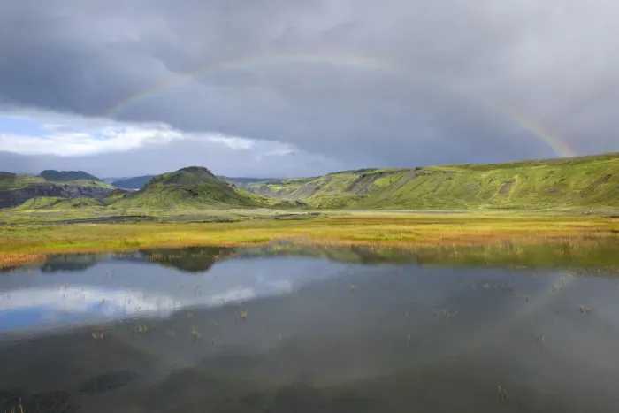 Framed Print : Rainbow over a small lake near Soelheimajoekulsvegur, Iceland Framed Print : Rainbow over a small lake near Soelheimajoekulsvegur, Iceland