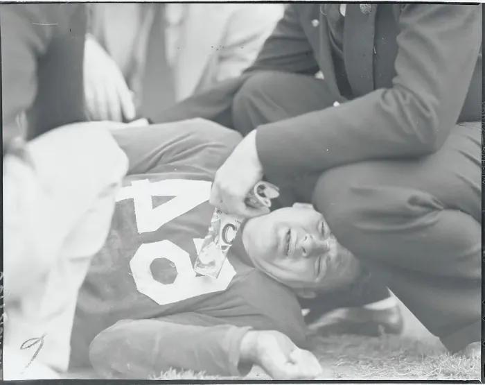 Framed Print : Ralph Foster Injured in Football Game Framed Print : Ralph Foster Injured in Football Game