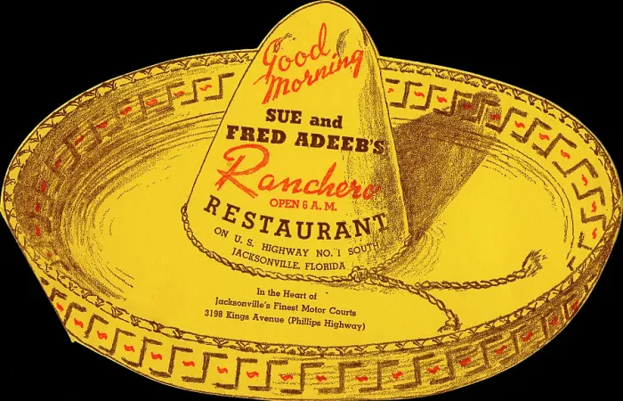 Framed Print : Ranchero. USA - 1949: A menu for Ranchero reads Sue and Fred Adeeb's Ranchero Restaurant Framed Print : Ranchero. USA - 1949: A menu for Ranchero reads Sue and Fred Adeeb's Ranchero Restaurant