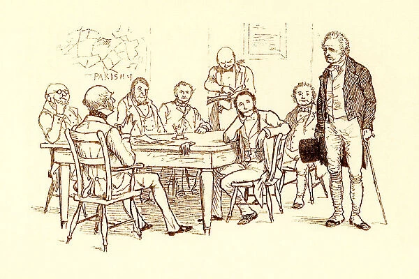 Randolph Caldecott illustration: old man meeting Parish Board of Guardians
