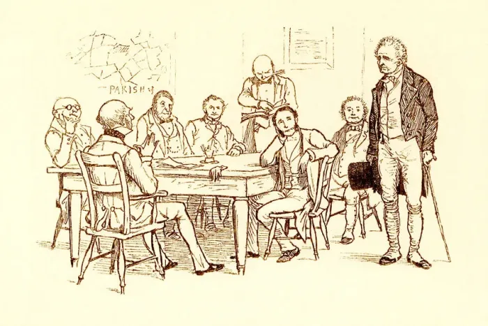 Framed Print : Randolph Caldecott illustration: old man meeting Parish Board of Guardians Framed Print : Randolph Caldecott illustration: old man meeting Parish Board of Guardians