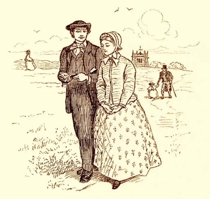 Framed Print : Randolph Caldecott illustration - young Victorian couple walking