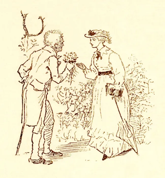 Framed Print : Randolph Caldecott - Man presenting bunch of flowers to woman