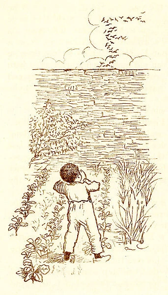 Randolph Caldecott sketch of a small Victorian boy scaring birds