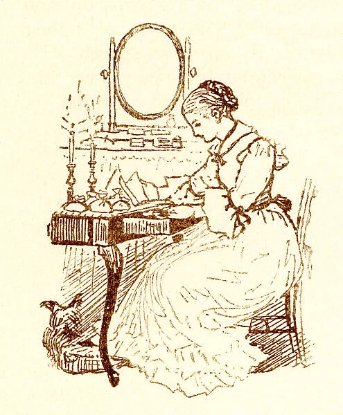 Randolph Caldecott sketch of a Victorian woman at her desk