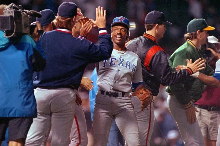 Framed Print : Rangers Julio Franco Being Congratulated on All Star Win Framed Print : Rangers Julio Franco Being Congratulated on All Star Win