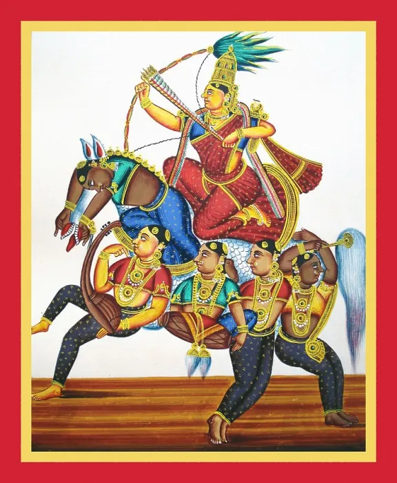 Framed Print : Rati kneels, aiming an arrow on the back of a horse Framed Print : Rati kneels, aiming an arrow on the back of a horse