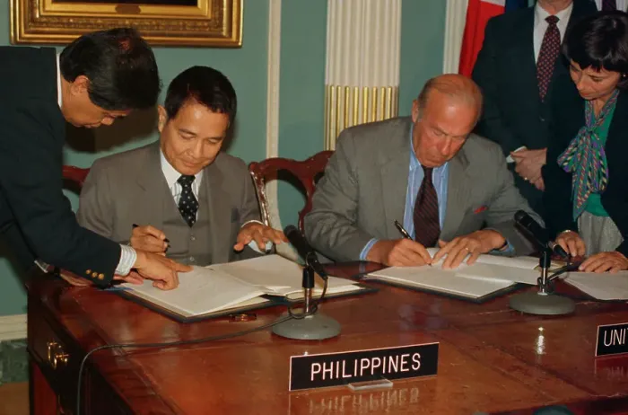 Framed Print : Raul Manglapul and George Shultz Signing Agreement Framed Print : Raul Manglapul and George Shultz Signing Agreement