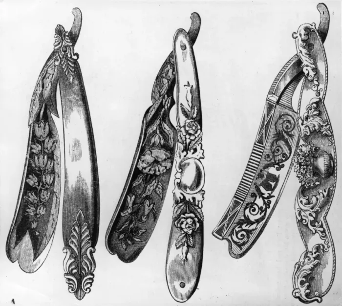Framed Print : Razors. 1851: A close-up of three early razors made by Mr Fennay of Sheffield Framed Print : Razors. 1851: A close-up of three early razors made by Mr Fennay of Sheffield