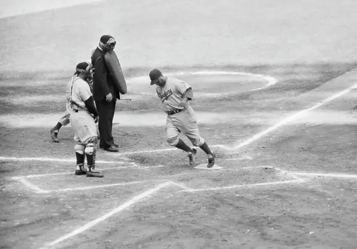 Framed Print : R.Campanella Scores As Y.Berra Looks On