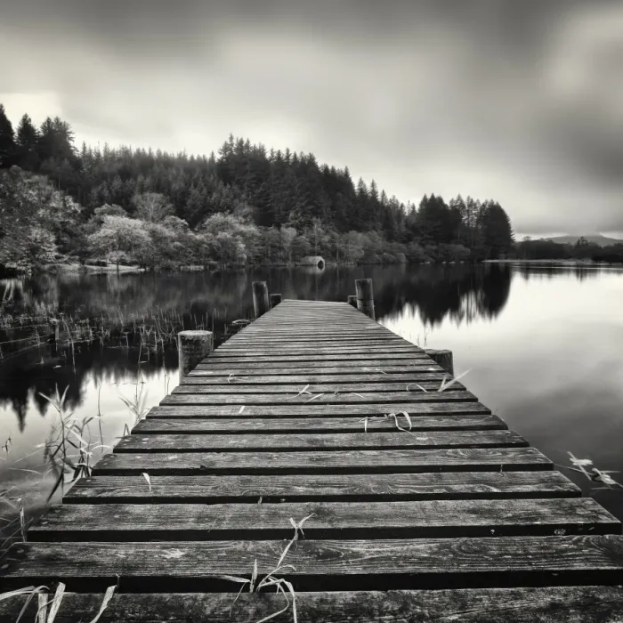 Framed Print : Out Reach. Wooden jetty leading out to boat house.Loch Ard Scotland Framed Print : Out Reach. Wooden jetty leading out to boat house.Loch Ard Scotland
