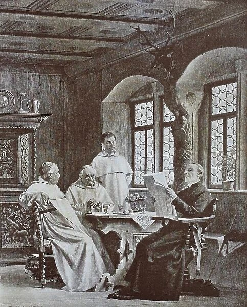 Reading the Newspaper by the Monks in the Monastery, 1888, Austria, Historical, digital reproduction of an original from the 19th century