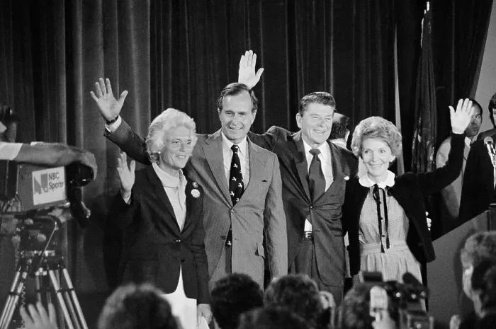 Framed Print : Reagan, Bush and Wives Waving Framed Print : Reagan, Bush and Wives Waving