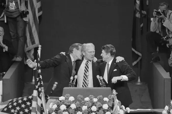 Framed Print : Reagan, Ford and Bush Share a Secret Framed Print : Reagan, Ford and Bush Share a Secret