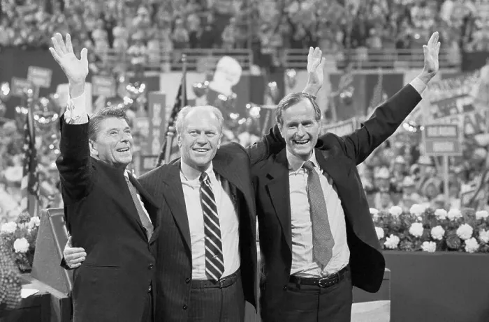 Framed Print : Reagan, Ford and Bush Waving Framed Print : Reagan, Ford and Bush Waving