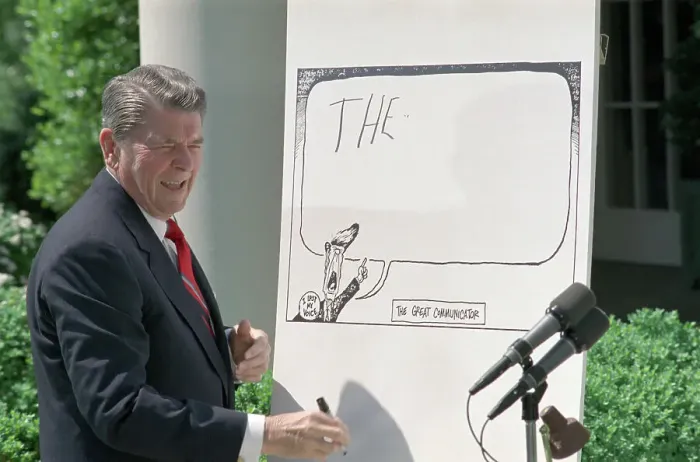 Framed Print : Reagan with Political Cartoon Framed Print : Reagan with Political Cartoon