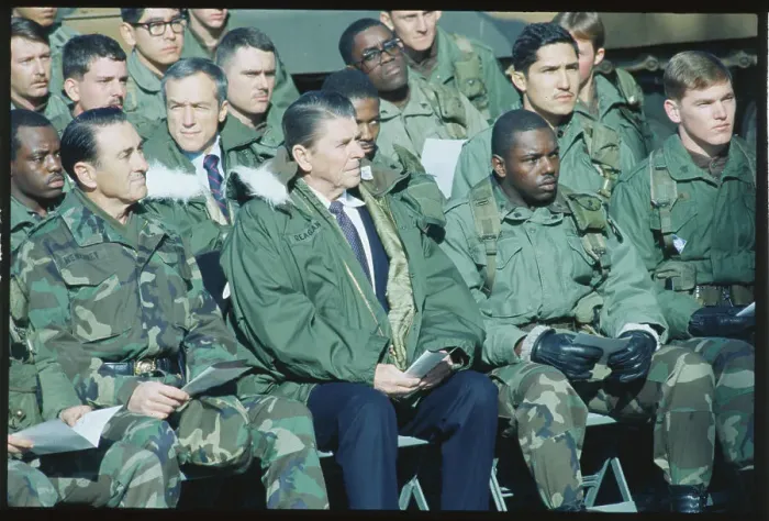 Framed Print : Reagan with US Troops Framed Print : Reagan with US Troops