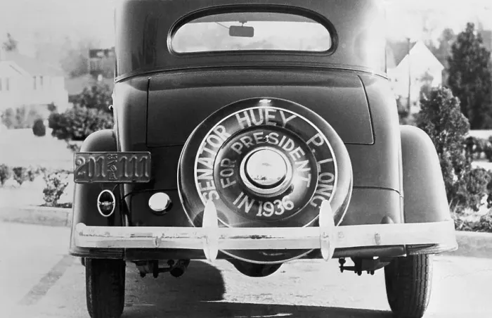 Framed Print : Rear View of Car With Huey P. Long Advertisement Framed Print : Rear View of Car With Huey P. Long Advertisement