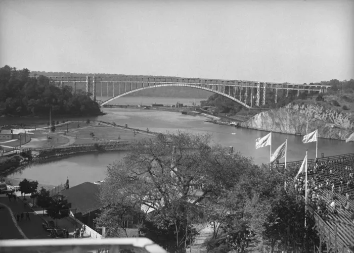 Framed Print : Recreational area and bridge, (B&W), elevated view Framed Print : Recreational area and bridge, (B&W), elevated view