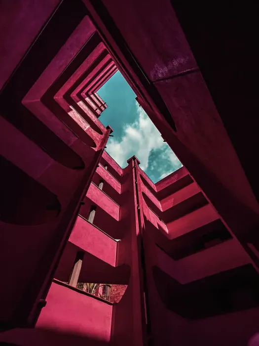 Framed Print : Red architecture with different levels and stunning design seen from below Framed Print : Red architecture with different levels and stunning design seen from below