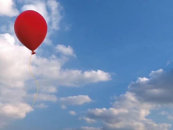 Red balloon against blue sky with clouds, illustration