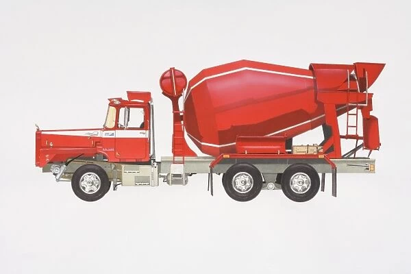 Red cement truck, side view