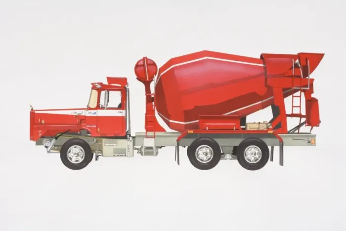 Framed Print : Red cement truck, side view Framed Print : Red cement truck, side view