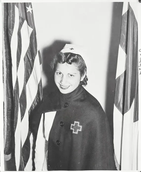 Framed Print : Red Cross Nurse Agnes Rosele Posing by Flags Framed Print : Red Cross Nurse Agnes Rosele Posing by Flags