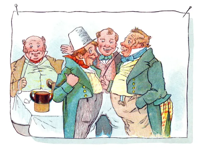 Framed Print : Red-faced Regency period men laughing and chatting Framed Print : Red-faced Regency period men laughing and chatting