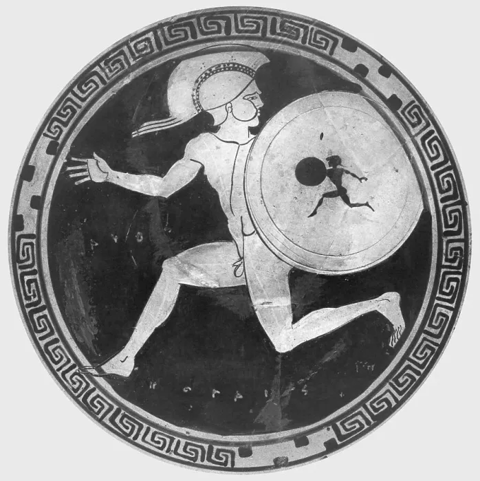 Framed Print : Red Figure Vase Painting with Greek Soldier Holding a Shield Framed Print : Red Figure Vase Painting with Greek Soldier Holding a Shield