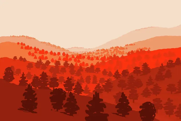 Framed Print : Red Forest Mountain Landscape Illustration Framed Print : Red Forest Mountain Landscape Illustration