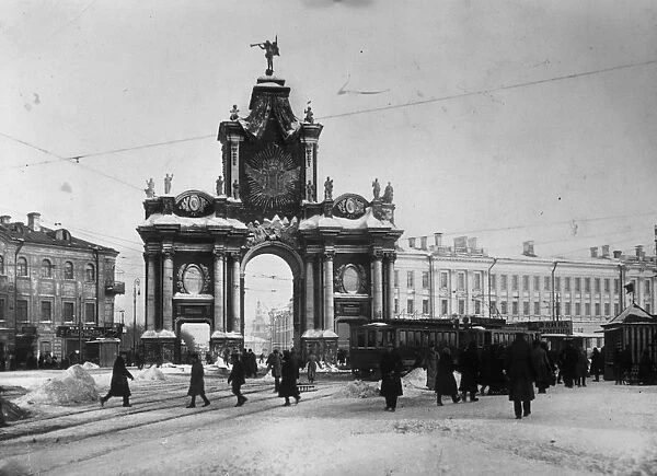 Red Gate. circa 1925: The Red Gate, Moscow on a snowy day